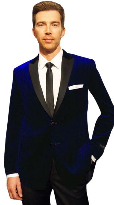 Velvet Velour Blazer Formal Dark Blue Sport Coat Two Tone Trimming Notch Collar