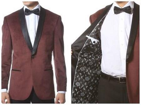 Velour Men's blazer Jacket Velvet Shawl Collar Dinner Smoking , Slim Fit Burgundy ~ Wine ~ Maroon
