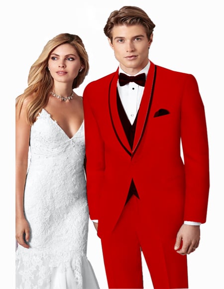 Prom ~ Wedding Tuxedo Suits Wtih Trim Shawl Collar Vested Suit Red/Black Trim
