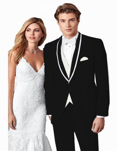 Prom ~ Wedding Tuxedo Suits Wtih Trim Shawl Collar Vested Suit Black/White Trim