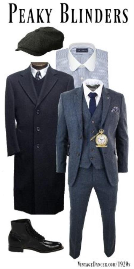 English Look Peaky Blinders 1920s Style Boot Hat + Shirt + Peaky Blinders Tweed Suit + Overcoat Outfit + Gangster Package Combo ~ Combination