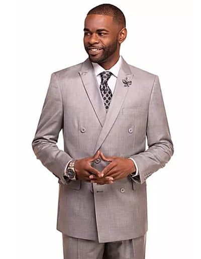 Men's Light Grey Double Breasted 2 Button Vitali Brand Flat Front Pants Regular Fit Side Vented Suit