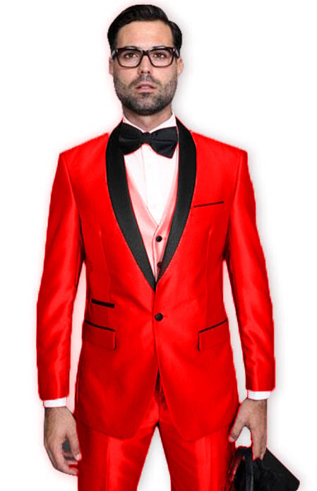 Red Tuxedo Shawl Collar Jacket & Pants Suit Prom or Wedding or Shiny Metallic Fabric Groom Tuxedo