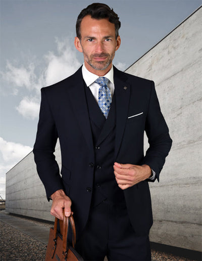 Navy Wool Ticket Pocket Fabric Double Breasted Suit