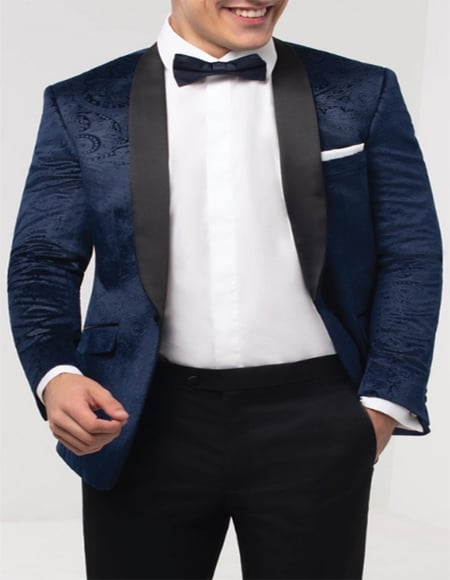 Navy Blue Paisley Velvet Fabric Tuxedo Jacket Perfect For Wedding or Prom