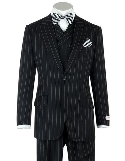 1920s Men's Gangster Bold Black Chalk Pinstripe with Double Breasted Vest Fabric
