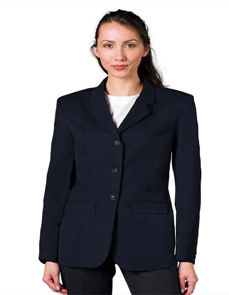 Navy Three Button Solid Pattern Women Blazer