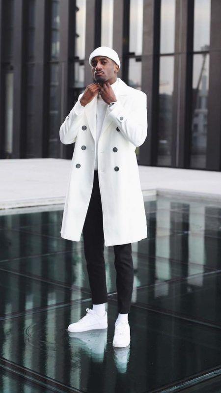 Men’s White Cashmere and Wool Double-Breasted Overcoat – Classic Car Coat for Business and Formal Wear