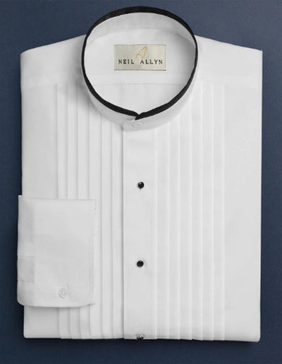 White Pleated Mandarin Tuxedo Collarless Dress Shirt