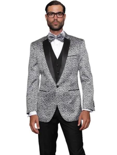 Silver Grey One Button Paisley Floral Suit