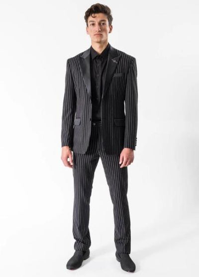 Black Tetron Viscose Peak lapel Gangster Stripe Tuxedo Suit