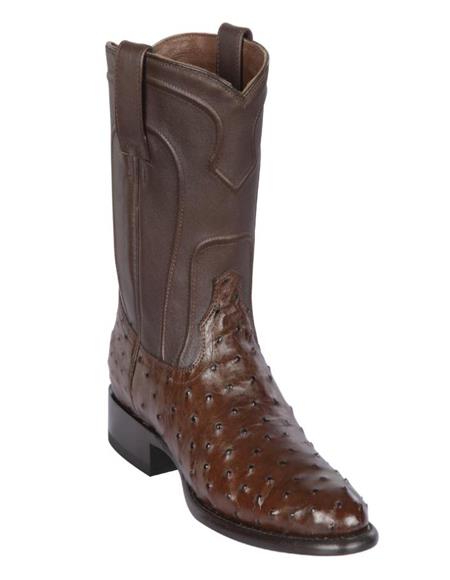Los Altos Men’s Brown Ostrich Roper Western Boots, Exotic Cowboy Dress Boots