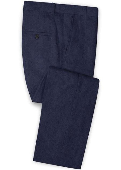 Men's Linen Fabric Pants Flat Front Dark Blue