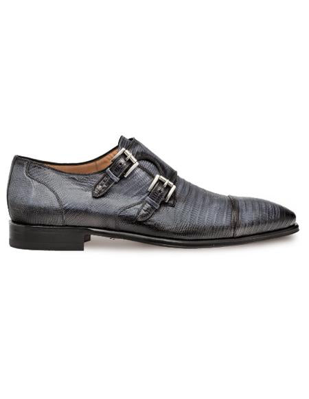 Men's Genuine Lizard Dress Double Monk Strap Cap Toe Shoes Grey