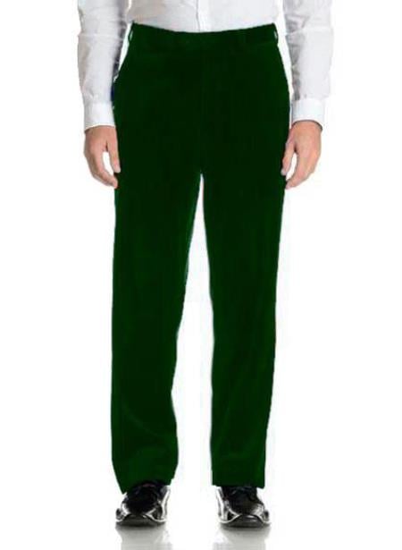 Mens Dark Green Velvet Flat Front Modern Fit Pant