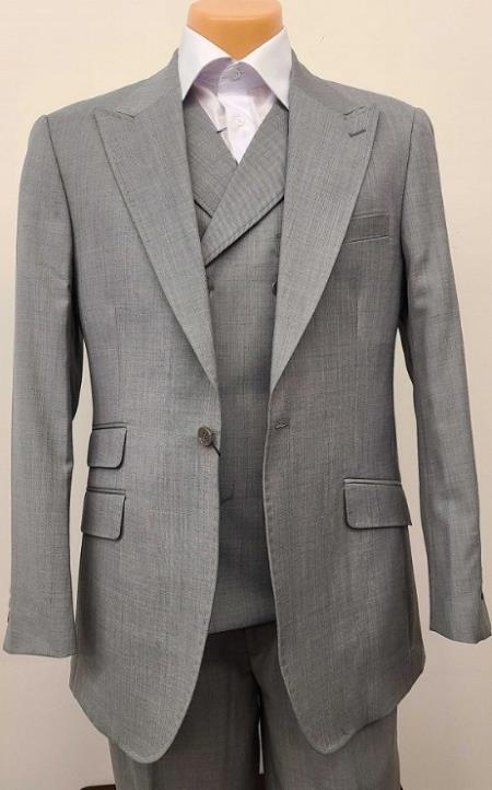 Men’s Grey Classic Fit 3-Piece Suit – Double-Breasted Vest with Pleated Pants for Atheltic Fit Real Super 150's Wool, Business and Formal Events