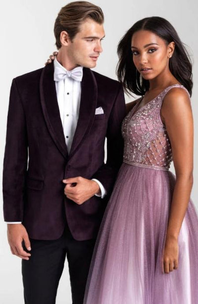 Mens One Button Shawl Lapel Solid Pattern Aubergine Suit