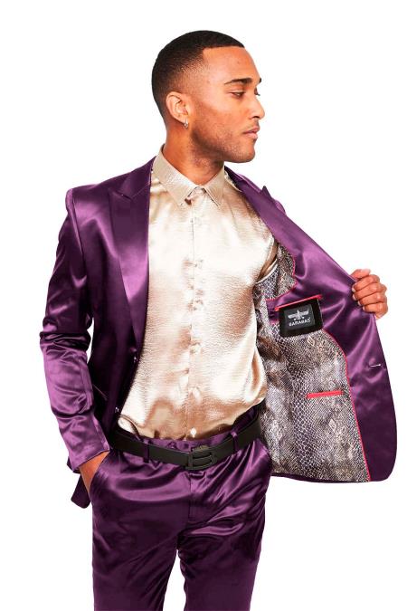 Mens Two Buttons Peak Lapel Slim- Fit Suit Purple Shiny Suit