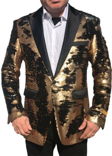 Mens Big and Tall Sequin Blazer - Shiny Fancy Sport Coat + Matching Bowtie + Gold Tuxedo