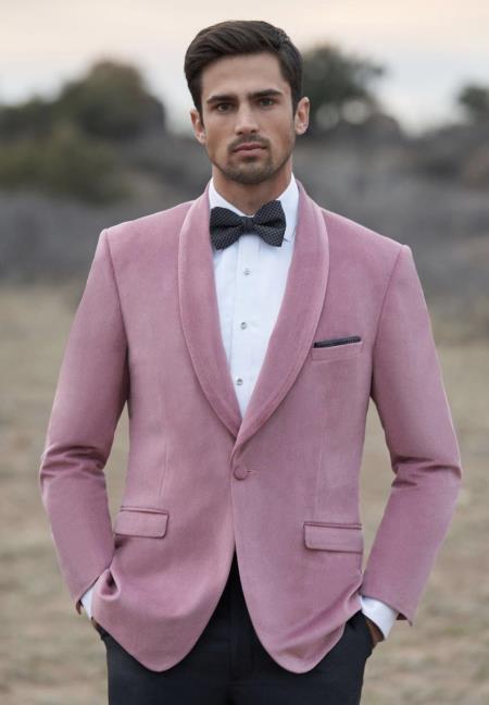 Mens Velvet Dinner Jacket - Mens Tuxedo Blazer With Trim Shawl Collar Pink
