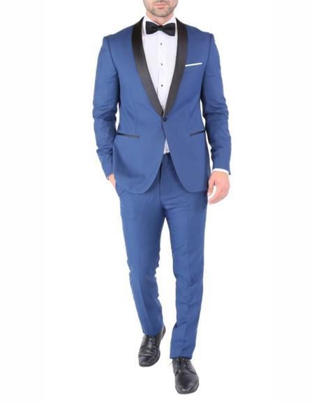 Men’s Cobalt Blue Tuxedo Suit – Black Shawl Lapel Wedding, Prom and Formal 2-Piece Suit
