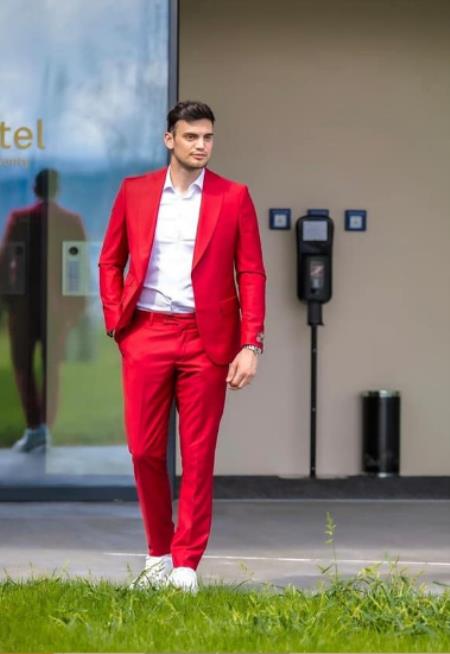 Mens One Button Peak Lapel Red Suit