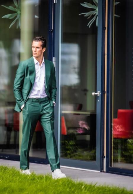 Mens One Button Peak Label Olive Green Suit