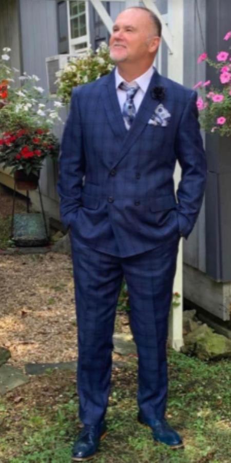 Double Breasted Slim Fit Suit - Indigo Blue Plaid Suit - Saphire Color