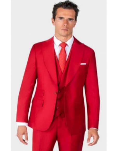 Mens One Button Single Breasted Peak Lapel Double Breasted Vest Ticket Pocket Suit Red