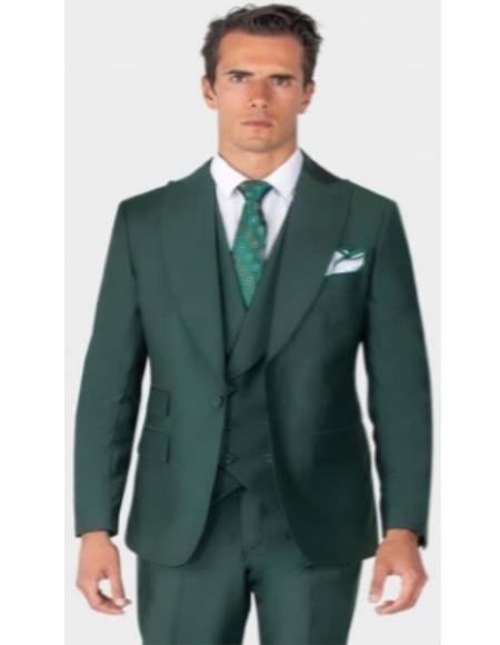 Mens One Button Single Breasted Peak Lapel Double Breasted Vest Ticket Pocket Suit Olive Green