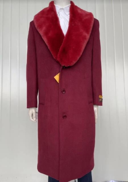 Mens Full Length and Cashmere Overcoat - Winter Topcoats - Burgundy Coat