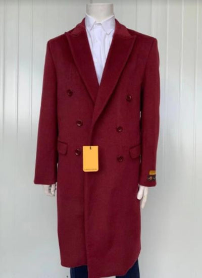 Mens Full Length and Cashmere Overcoat - Winter Topcoats - Burgundy Coat