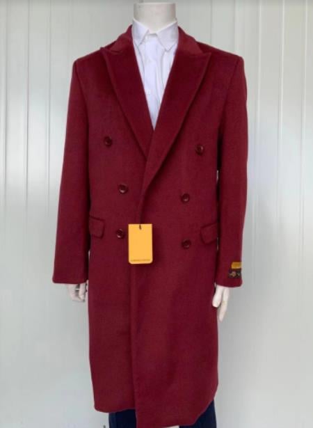 Mens Full Length and Cashmere Overcoat - Winter Topcoats - Burgundy Coat