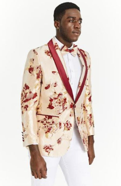 Mens Burgundy Blazer - Maroon Paisley Sport Coat - Floral Flower Jacket With Matching Bow Tie