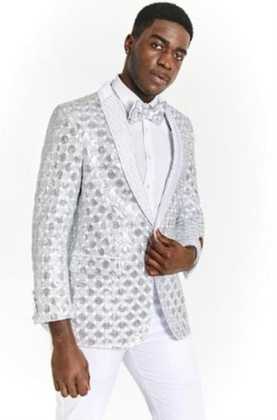 Big And Tall Tuxedo Paisley Tuxedo Sparkling Blazer - White and Black Floral Sport Coat