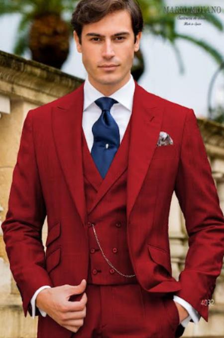 Mens One Button Peak Lapel Suit Hot Red