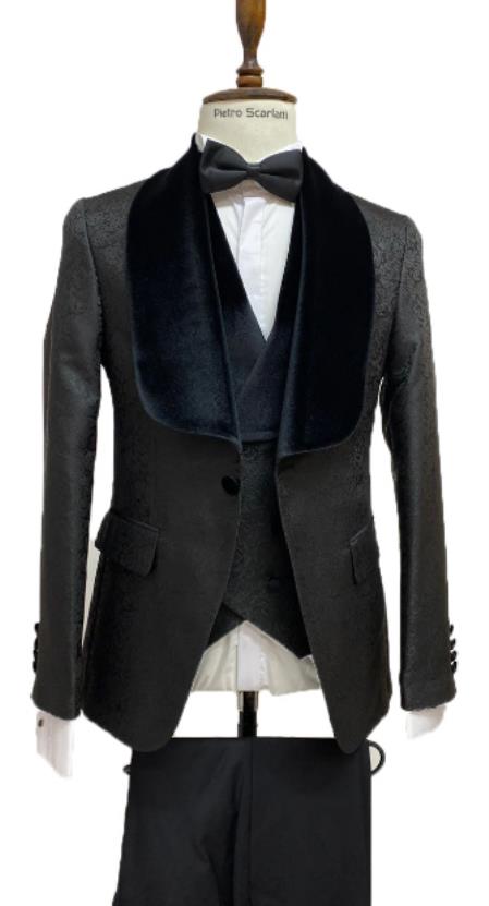 Men’s Black Designer 3-Piece Wedding Tuxedo – Wide Velvet Shawl Lapel Vested Formal Suit