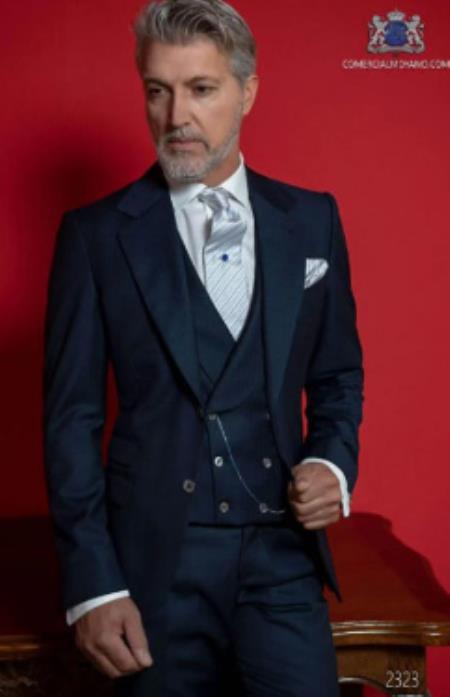 Mens Suits With Double Breasted Vest - Single Button Peak Lapel Blue Suits