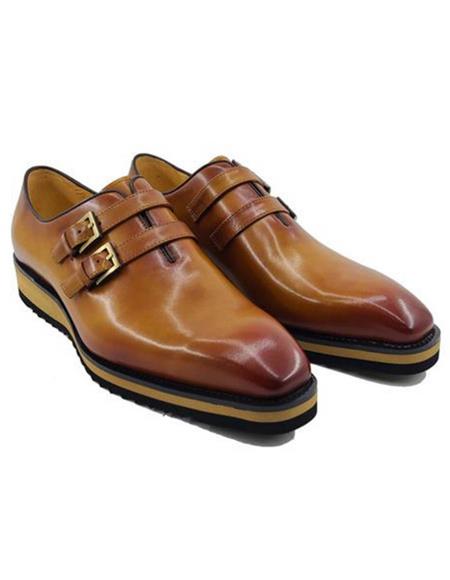 Carrucci Cognac Calfskin Double Monk Soft Sole Mens