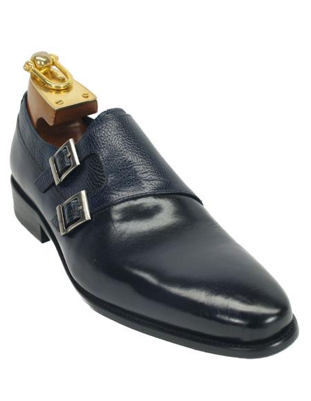 Carrucci Navy Calfskin Leather Double Monkstraps