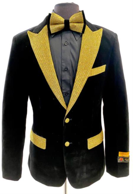 Black and Gold Lapel Velvet Fabric Tuxedo Dinner Jacket With Bowtie