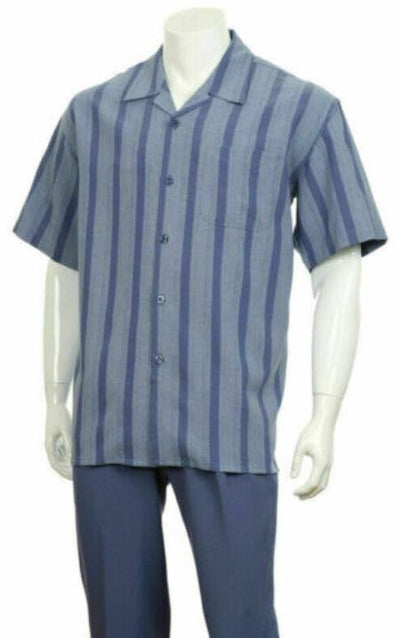 Mens 2pc Walking Suit Short Sleeve Casual Shirt and Pants Set Blue