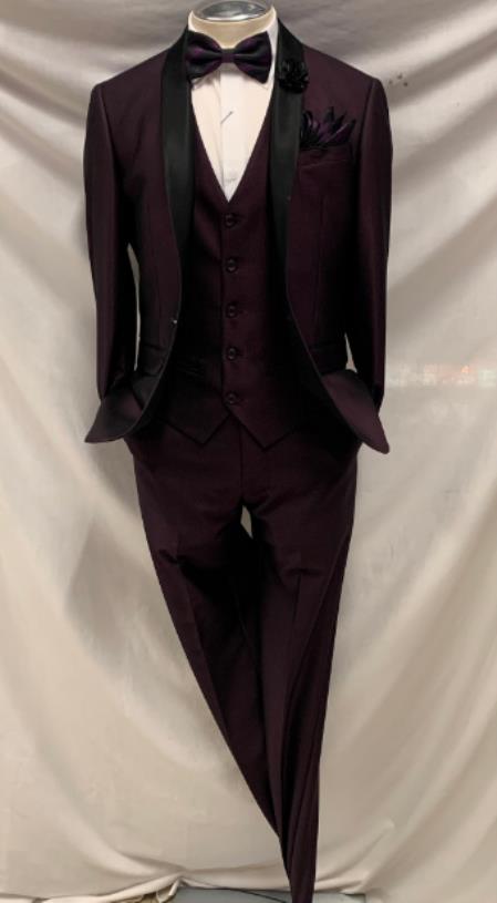 Mens One Button Shawl Lapel Suit Burgundy