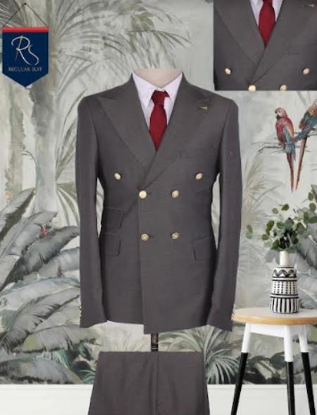 Mens Charcoal Grey Double Breasted Suit - With Brass Buttons Flat Front Pants Slim Fit