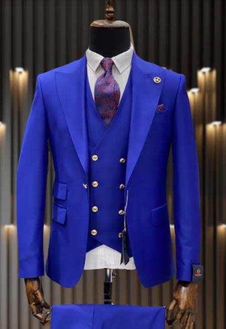 Royal Blue 1-Button Suit with Peak Lapel & Vest