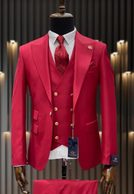 Rossiman Men’s Red Suit | Stylish 1-Button Peak Lapel Jacket & Double-Breasted Vest – Italian Tailored Luxury 3-Piece Suit