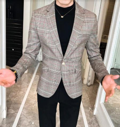 Mens Plaid Blazer - Windowpane Blazer - Textured Pattern Beige