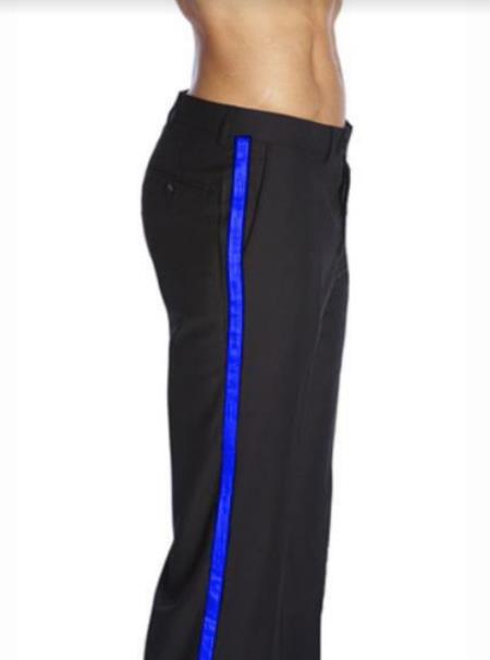 Black and Royal Side Trim Dress Pants - Black Tuxedo Pants - Flat Front Pant