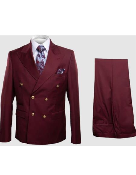 Rossiman Men’s Burgundy Slim Fit Double-Breasted Suit – Modern Two-Piece Formalwear