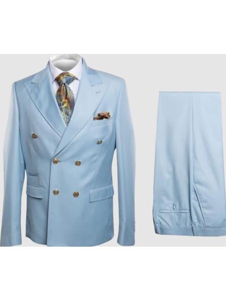 Rossiman Men’s Light Blue Slim Fit Suit | Elegant Double-Breasted Design – Italian Tailored 3-Piece Luxury Suit